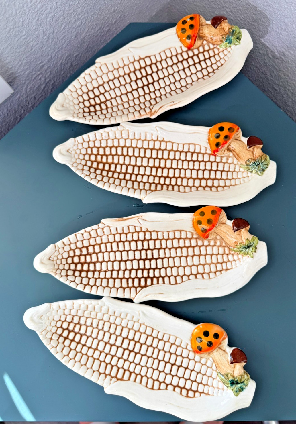 Vintage Sears Roebuck Merry Mushroom Corn Dish Set of Four Cob MCM Thanksgiving