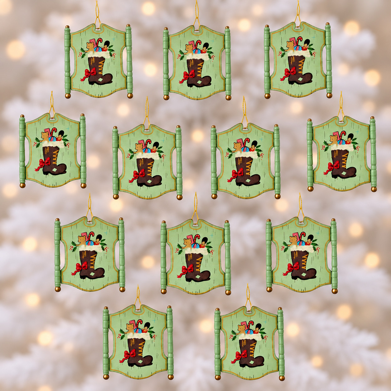 12 vtg Xmas ornaments 1970s New old-stock Colonial wood sign RDL sealed LOT