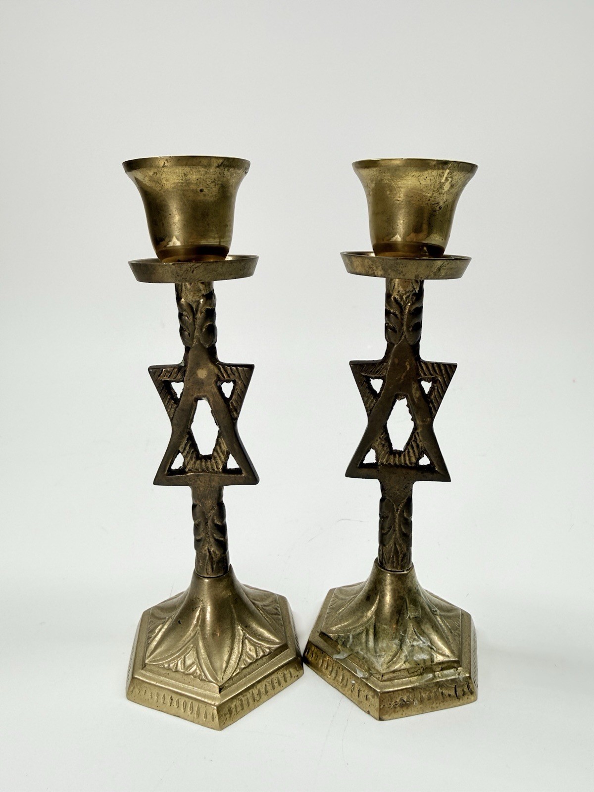 Two Vintage Brass Shabbat Candlesticks with Star of David 6” Tall Two Vintage Brass Shabbat Candlesticks with Star of David 6” Tall
