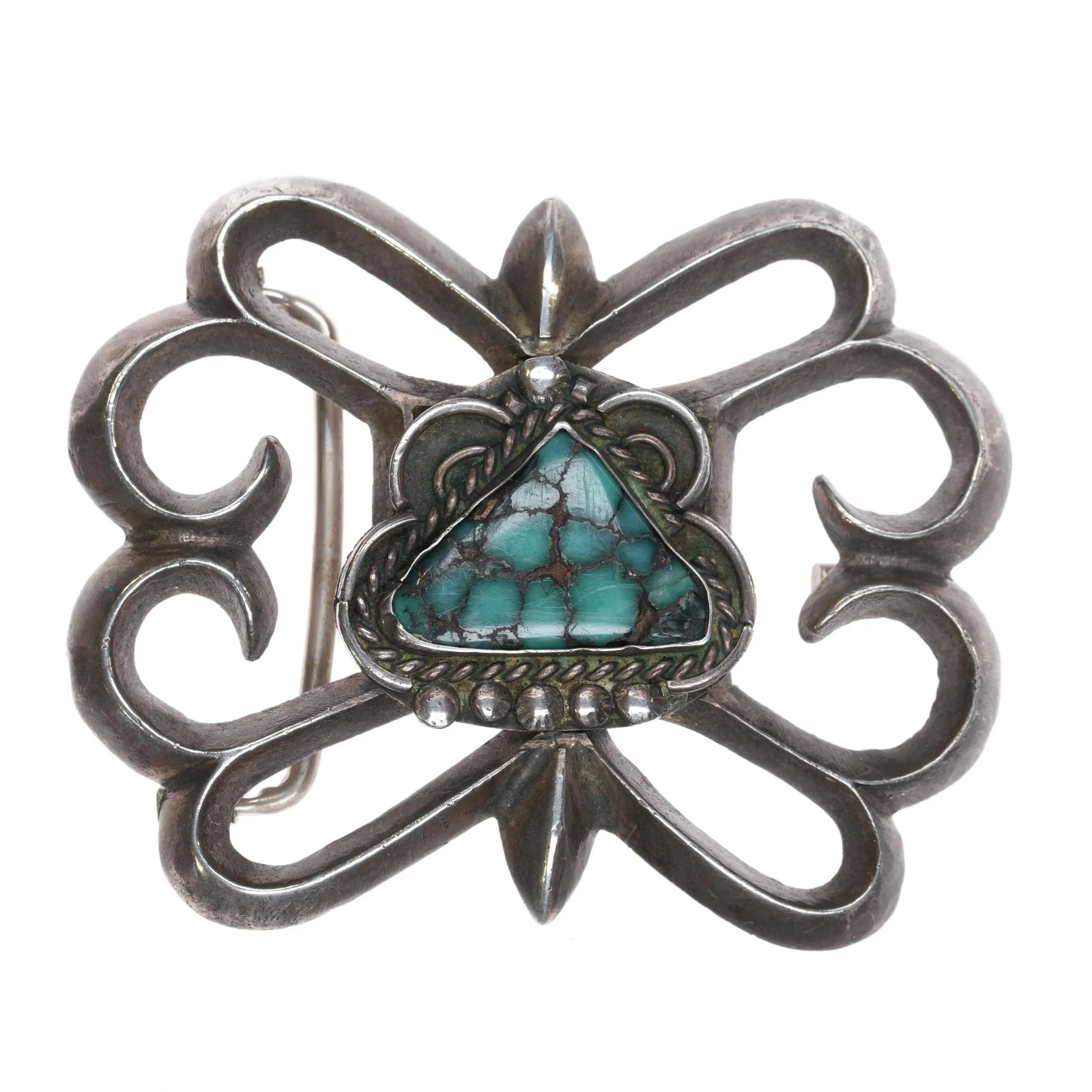 c1960\'s Vintage Navajo cast sterling silver belt buckle with spiderweb turquoise c1960\'s Vintage Navajo cast sterling silver belt buckle with spiderweb turquoise