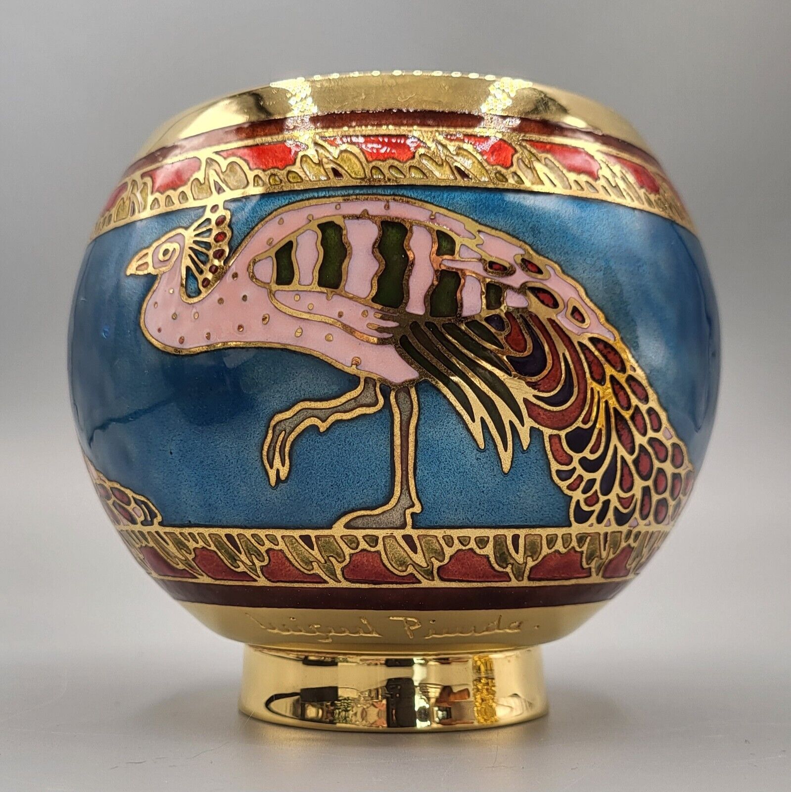 Miguel Pineda Enamel Peacock Bowl Rare And Signed