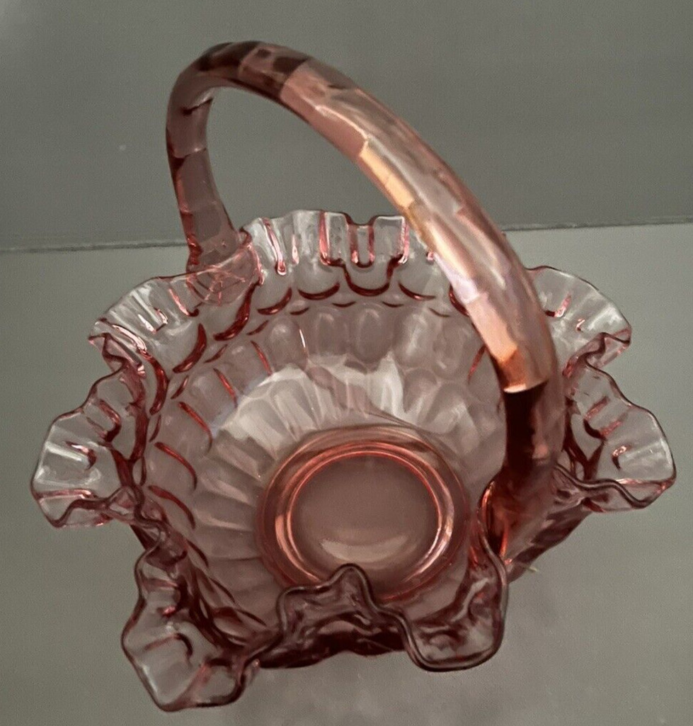 Fenton Cranberry Pink Basket Ruffled Edge Glass Applied Handle Thumbprint VTG Fenton Cranberry Pink Basket Ruffled Edge Glass Applied Handle Thumbprint VTG