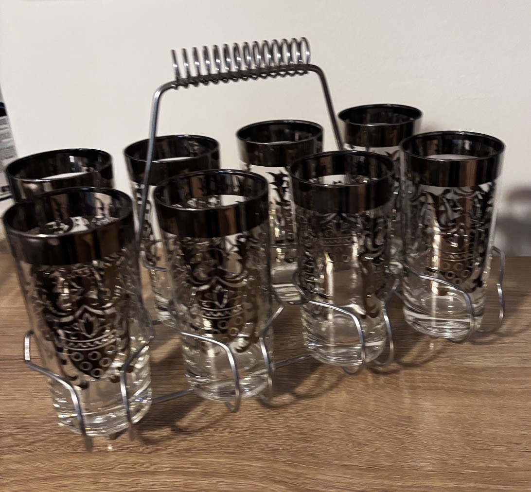 Vintage Kimiko Silver Knight Set 8 Highball Glasses Wire Caddy MCM Barware Vintage Kimiko Silver Knight Set 8 Highball Glasses Wire Caddy MCM Barware