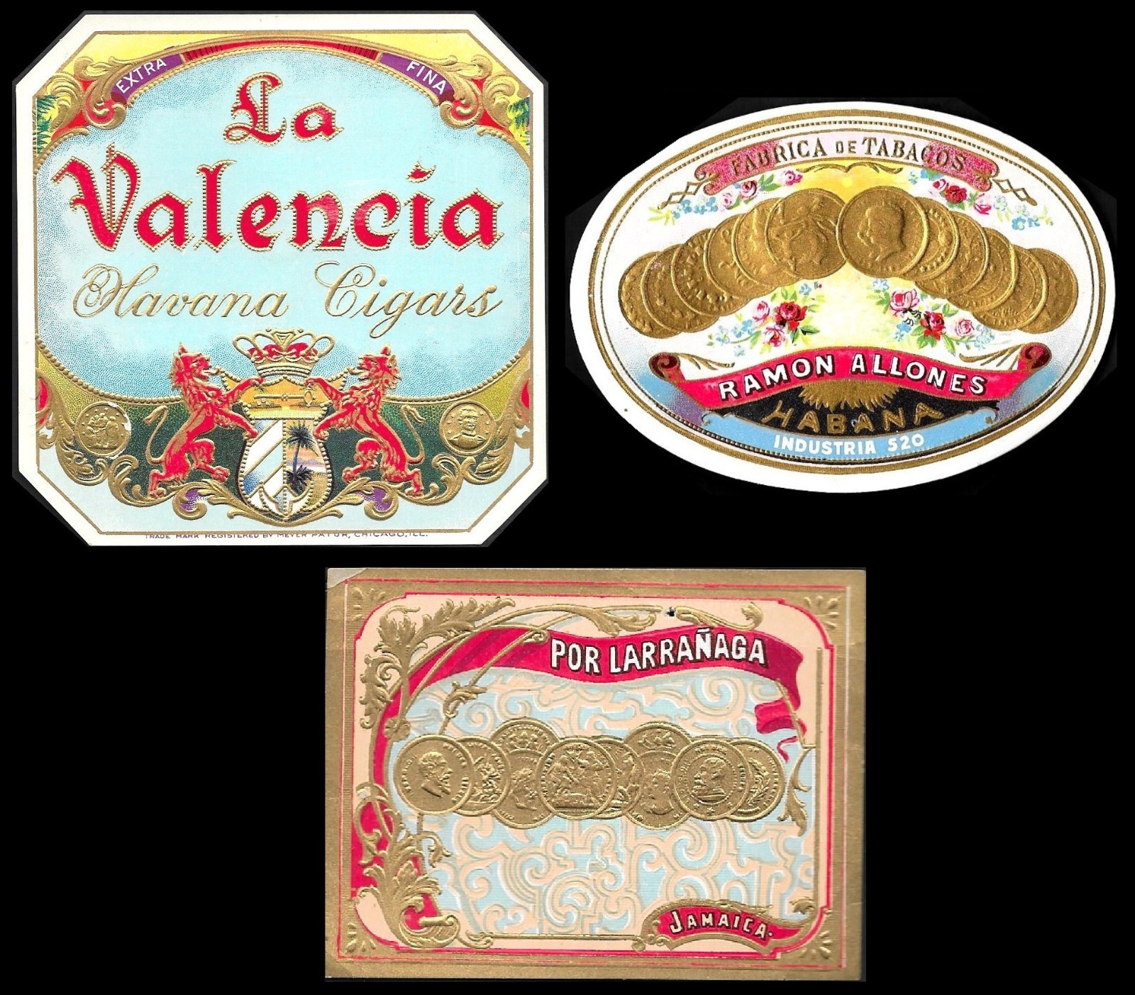 LOT OF 3 VINTAGE EMBOSSED CHROMOLITHOGRAPH CIGAR BOX LABELS (CIRCA 1890s–1930s)