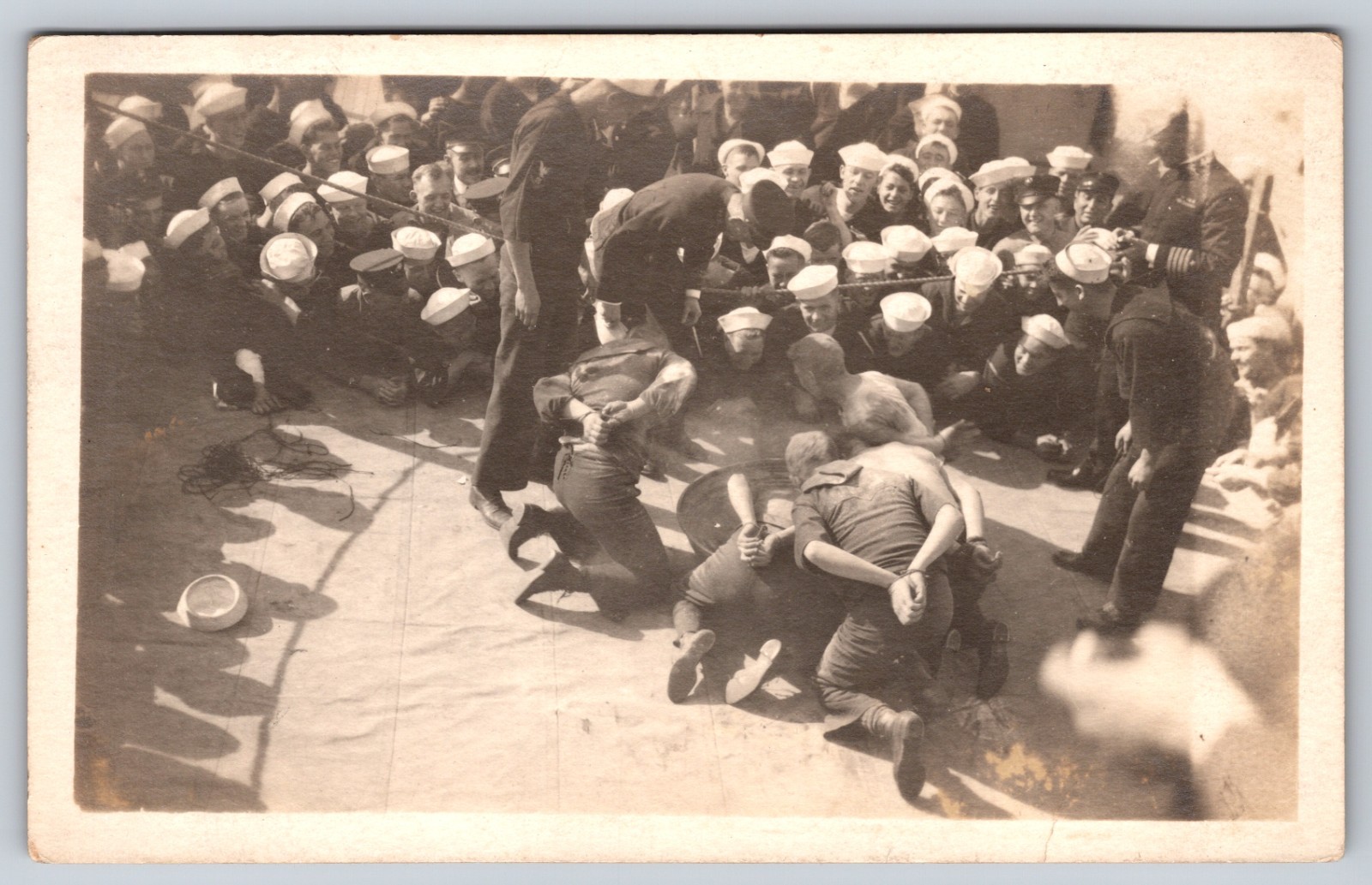 Navy Sailors With Hands Tied Playing Halloween Apple Bobbing Real Photo Postcard Navy Sailors With Hands Tied Playing Halloween Apple Bobbing Real Photo Postcard