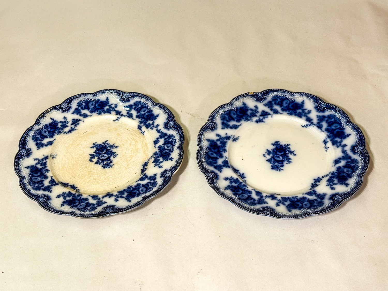 [E442] Two Antique WH Grindley 1880s English Plates Florida Flow Blue 9”