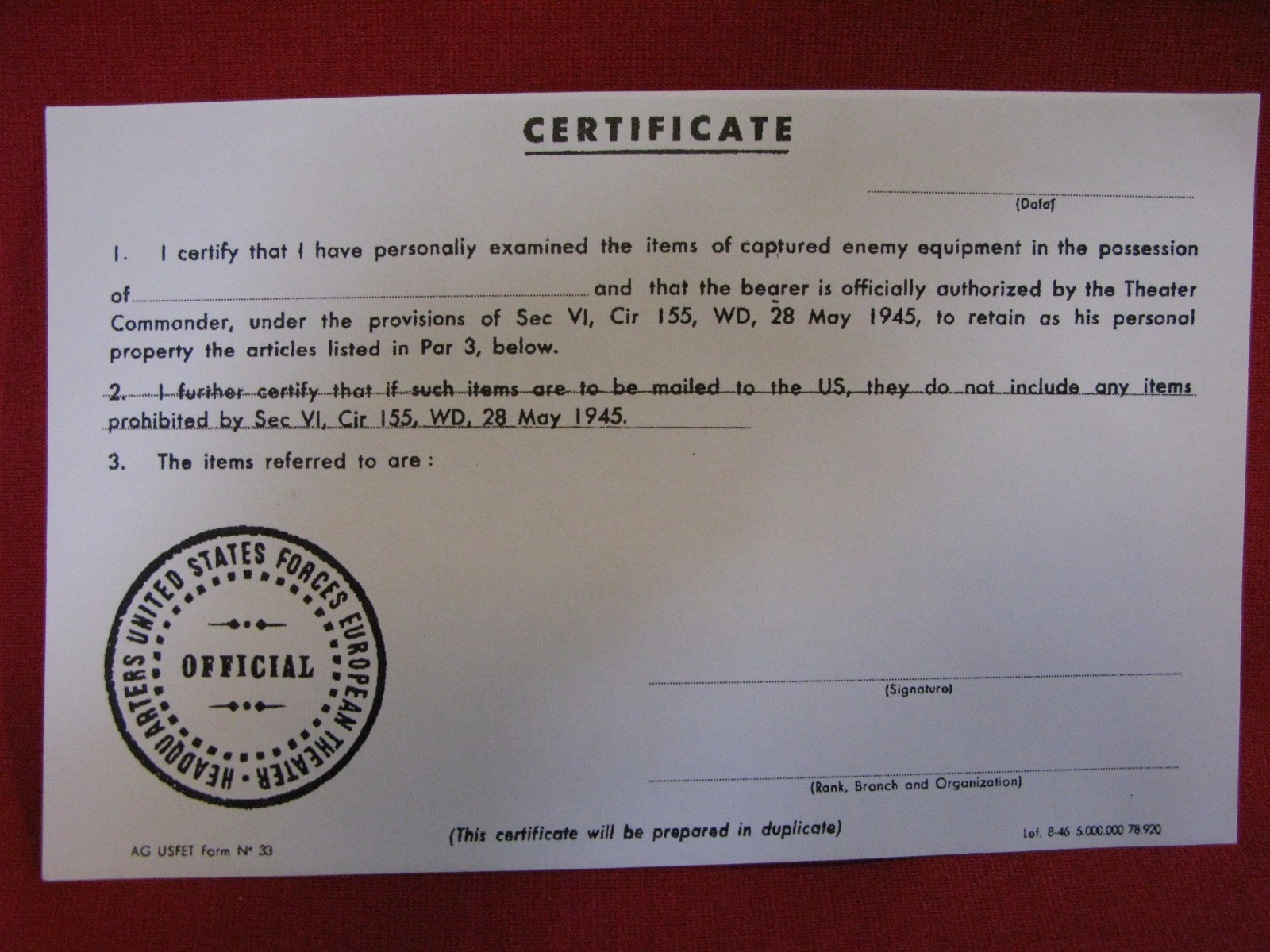 WW2 BLANK U.S. ARMY CAPTURE PAPER / CERTIFICATE-DOCUMENT, Mint Condit,No Reserve WW2 BLANK U.S. ARMY CAPTURE PAPER / CERTIFICATE-DOCUMENT, Mint Condit,No Reserve