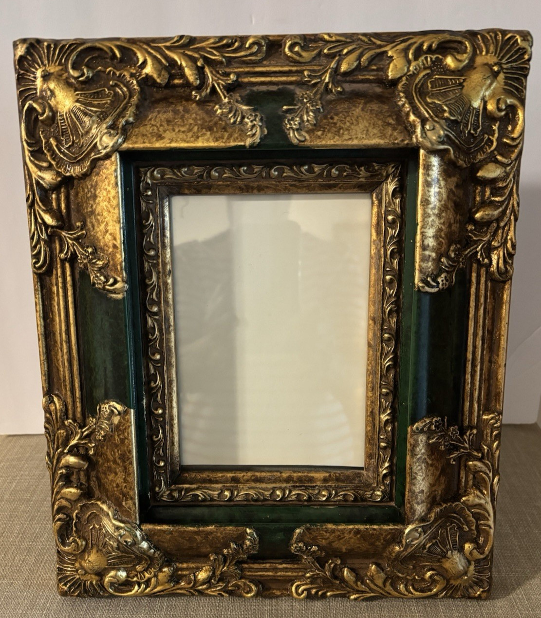 Ornate Vtg Style Picture Frame Featuring Baroque Gold Tone Scroll Work W/Green Ornate Vtg Style Picture Frame Featuring Baroque Gold Tone Scroll Work W/Green