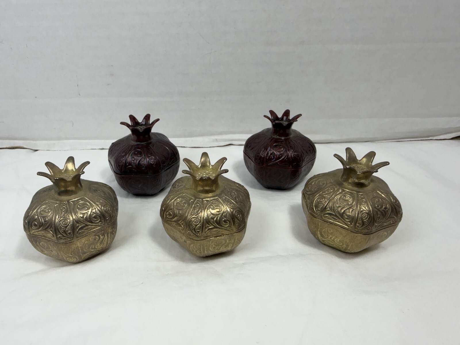 Vintage ACAR Turkey Gold Pomegranate Embossed Trinket Candy Boxes Set of 5