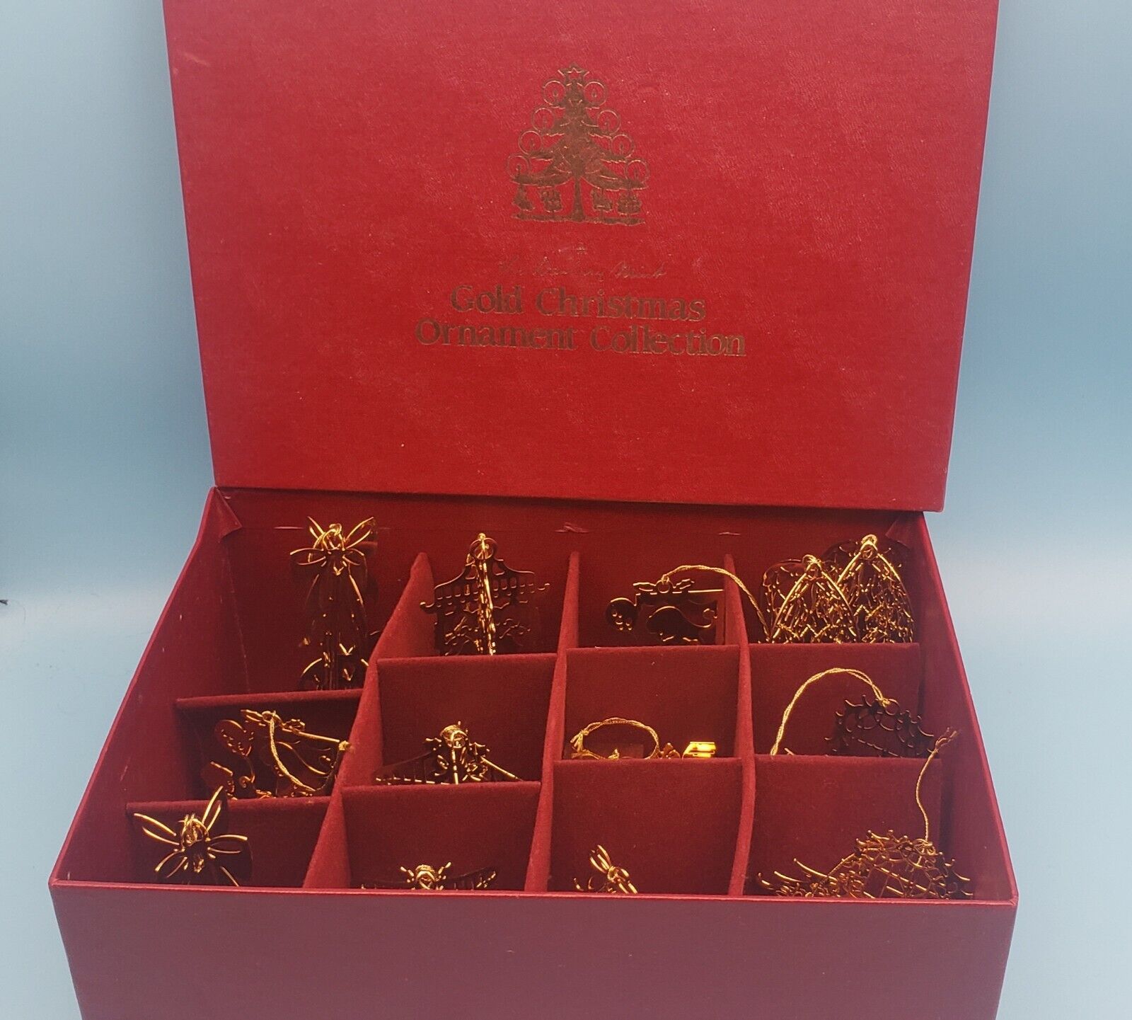 DANBURY MINT 1985 Gold Christmas Ornament Collection SET of 14 original box. 