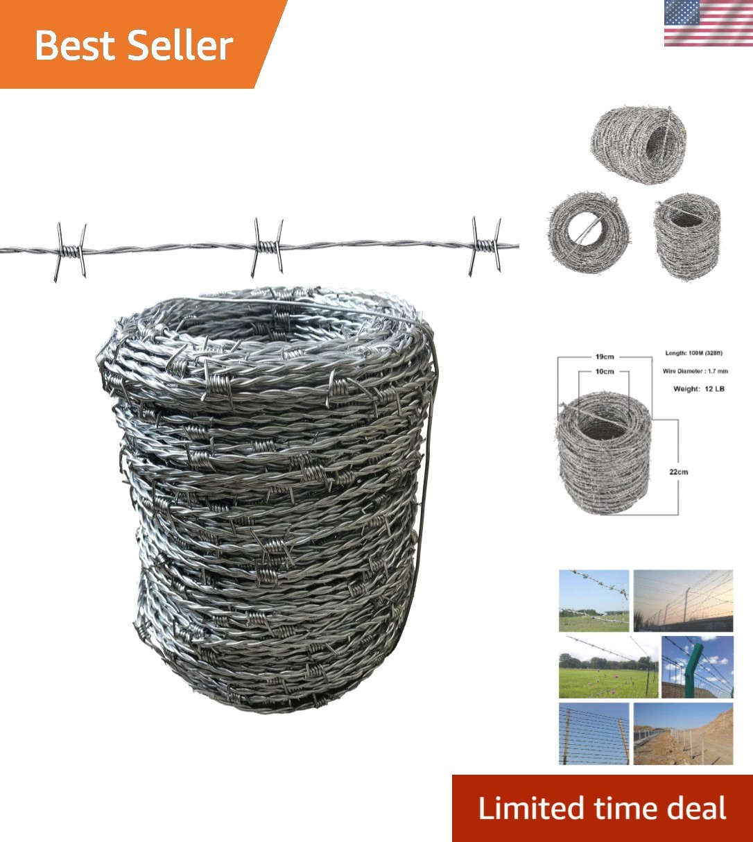 High-Strength 328FT Barbed Wire - 15 Gauge 4 Point, Ideal for Fencing & Crafting