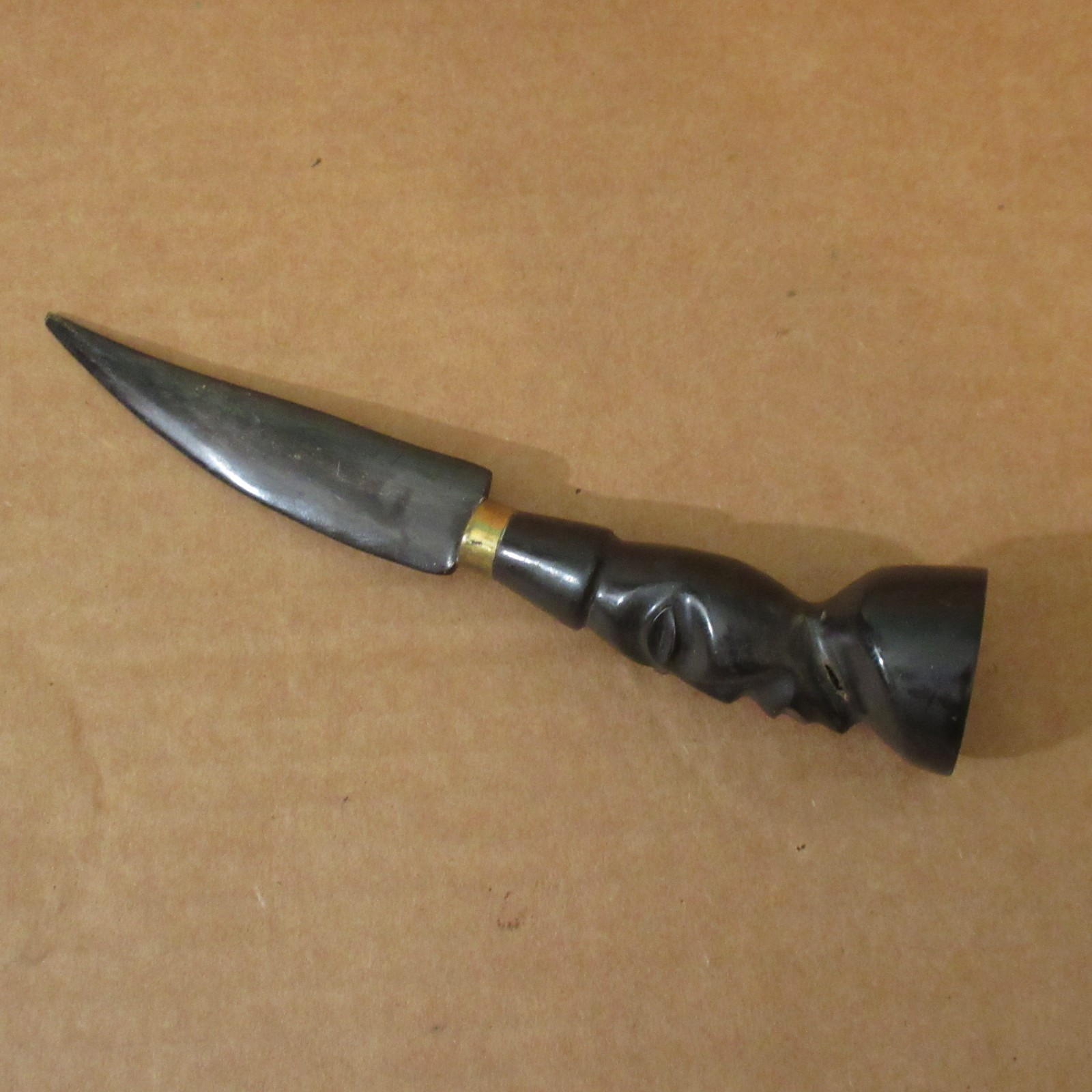 Vtg Hand Carved Ebony Dark Wood Handle African Figural Face Knife Gold 8\