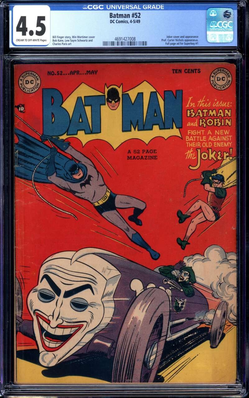 BATMAN #52 CGC 4.5 CR/OW PAGES // JOKER CAR COVER DC COMICS 1949 BATMAN #52 CGC 4.5 CR/OW PAGES // JOKER CAR COVER DC COMICS 1949