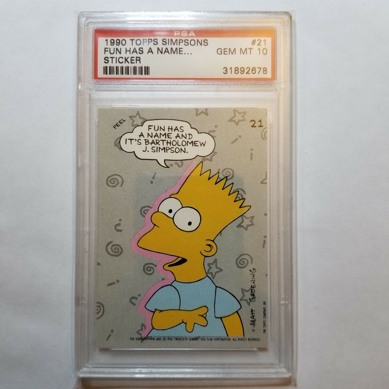 1990 TOPPS BART SIMPSONS STICKER THE SIMPSONS FUN HAS A NAME #22 PSA 10 POP 2