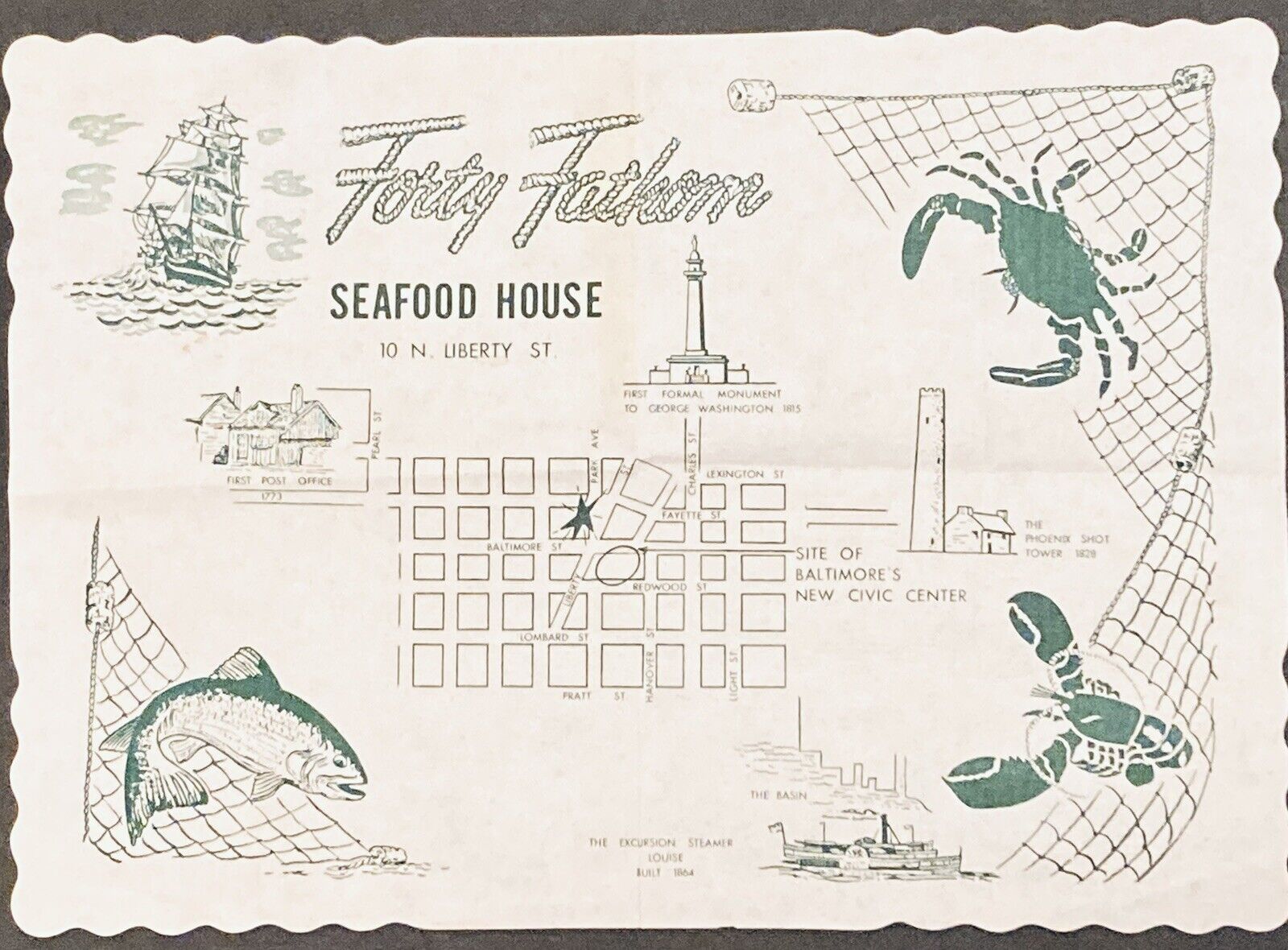 Vtg Mid-Century Forty Fathom Seafood House Baltimore MD Paper Souvenir Placemat
