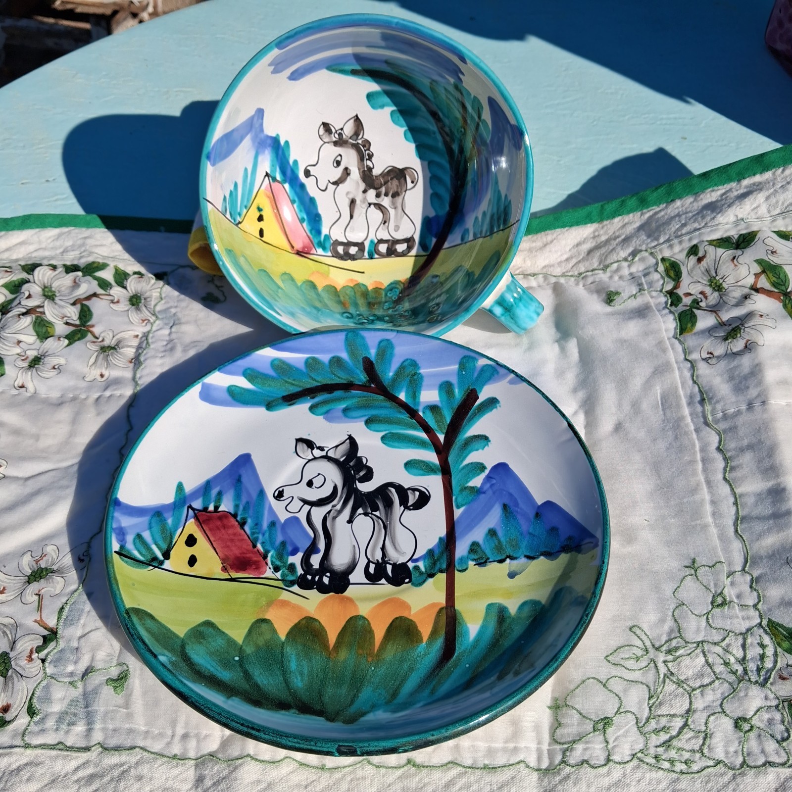 Vintage ITALY Hand Painted Pottery Donkey Mule Plate & Cup Set 7.75\ Vintage ITALY Hand Painted Pottery Donkey Mule Plate & Cup Set 7.75\
