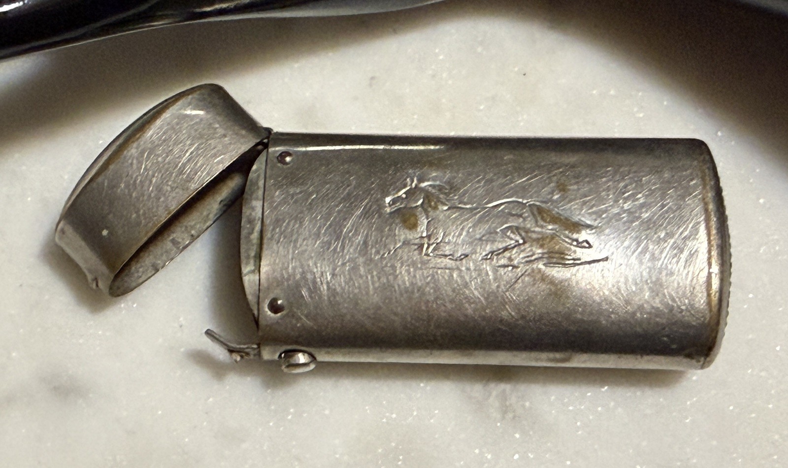 Antique Civil War Era Brass Pocket Match Safe Holder Engraved Running Horse 3” Antique Civil War Era Brass Pocket Match Safe Holder Engraved Running Horse 3”