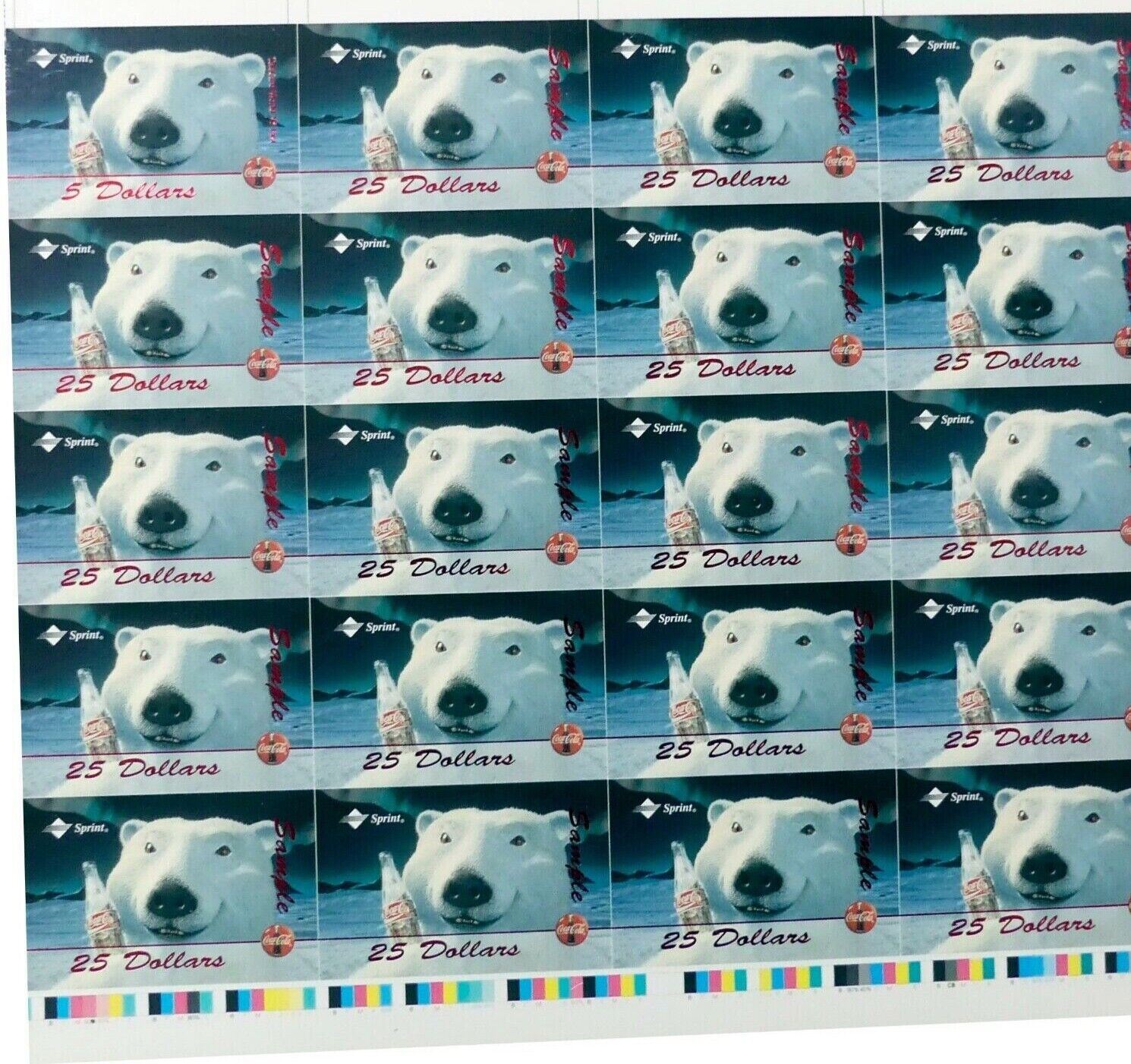 RARE Uncut Sheet 1995 Coca-Cola Polar Bear SAMPLE $25 PhoneCard #38/100 +5 cards