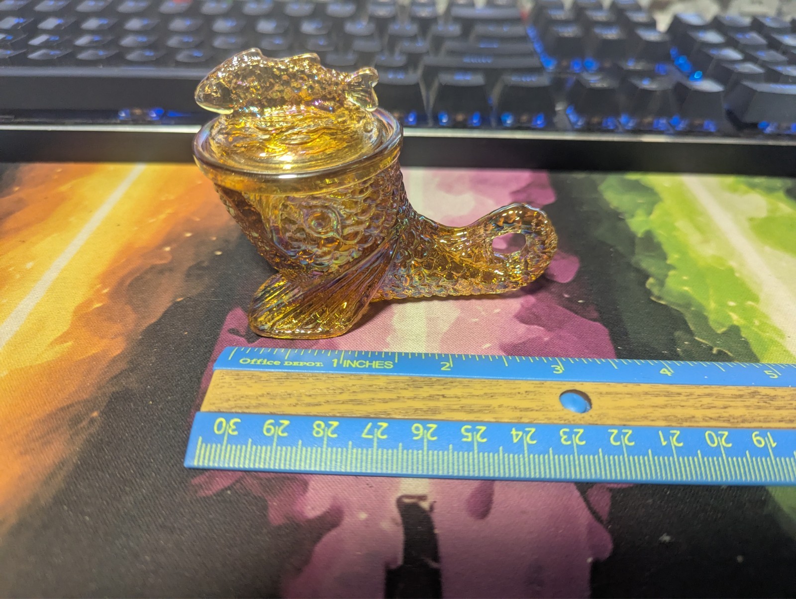 Vintage Pisello Marigold Art Glass Dolphin Lidded Mustard Dish/Salt Dip 1983 Vintage Pisello Marigold Art Glass Dolphin Lidded Mustard Dish/Salt Dip 1983