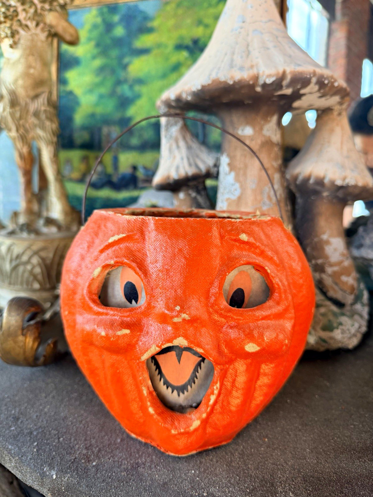 Vintage Papier Mache Halloween Jack-O-Lantern Pumpkin Candy Pail Bucket Orange Vintage Papier Mache Halloween Jack-O-Lantern Pumpkin Candy Pail Bucket Orange