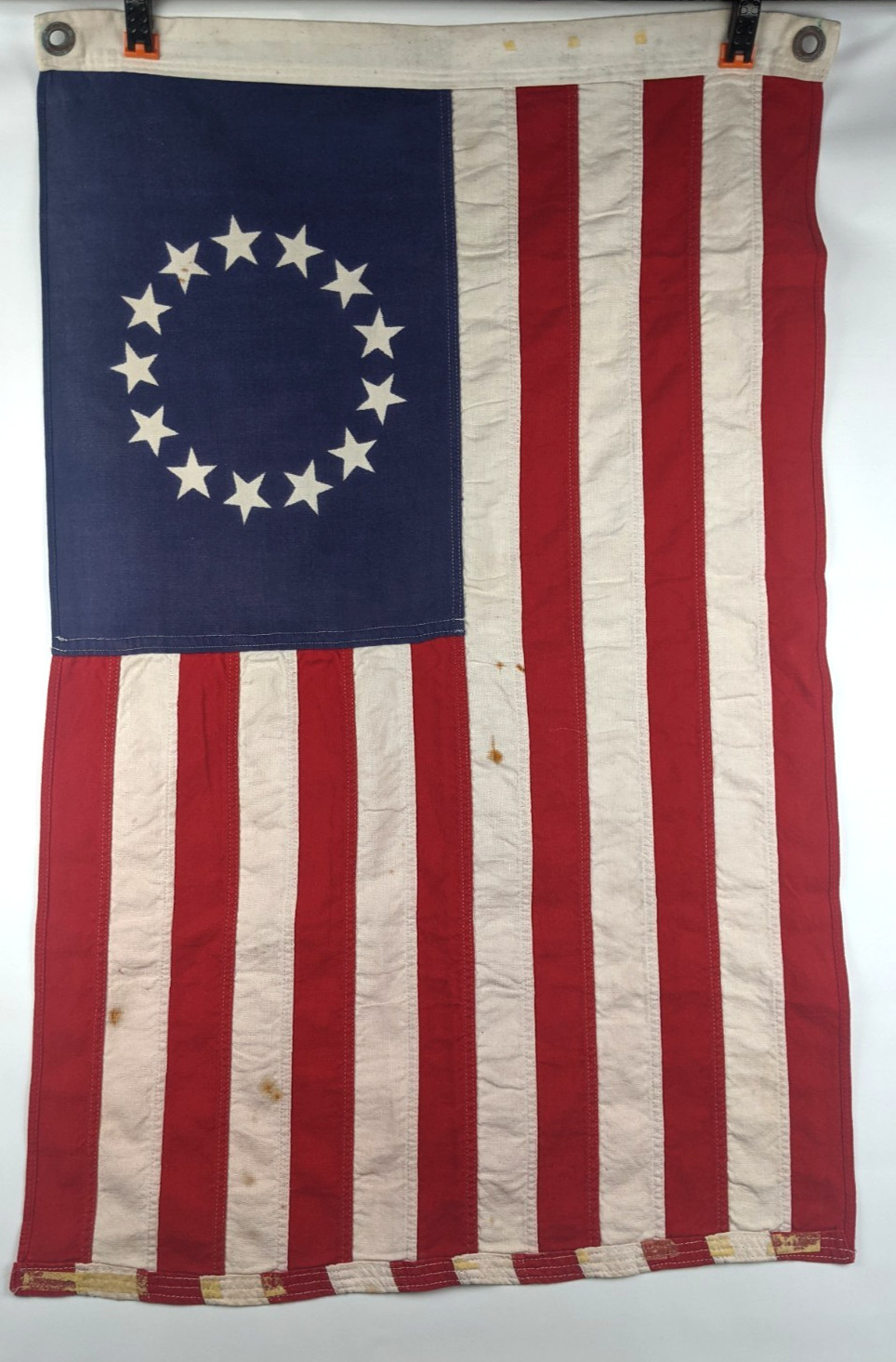 Vintage Bull Dog Bunting Dettra 13 Star Betsy Ross American Flag Sewn 34x22 Vintage Bull Dog Bunting Dettra 13 Star Betsy Ross American Flag Sewn 34x22
