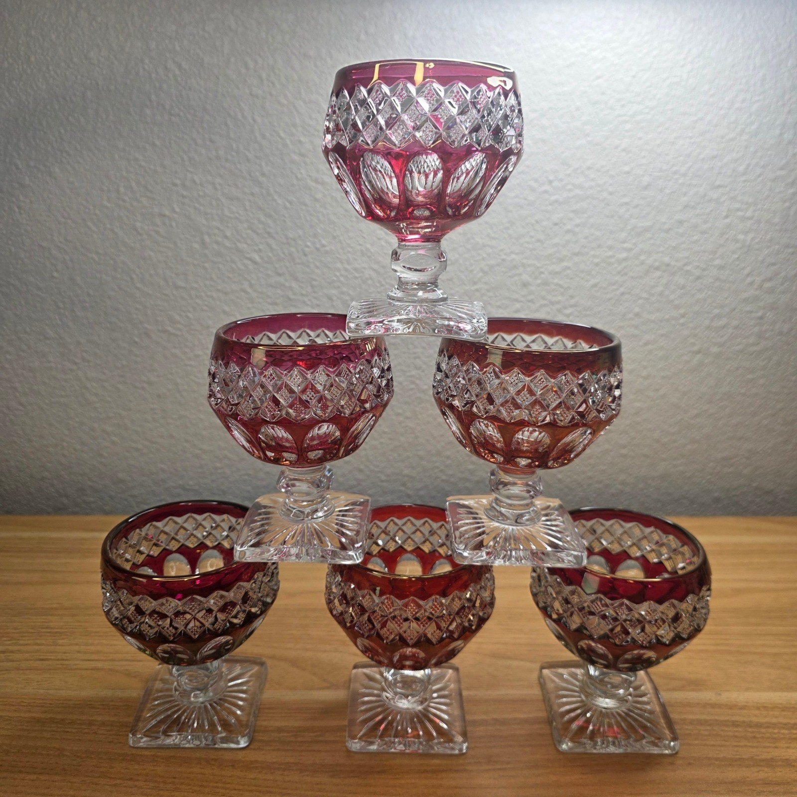 6 Vtg Westmoreland Waterford Ruby Stain Glass Champagne Low Sherbet Bowls Rare