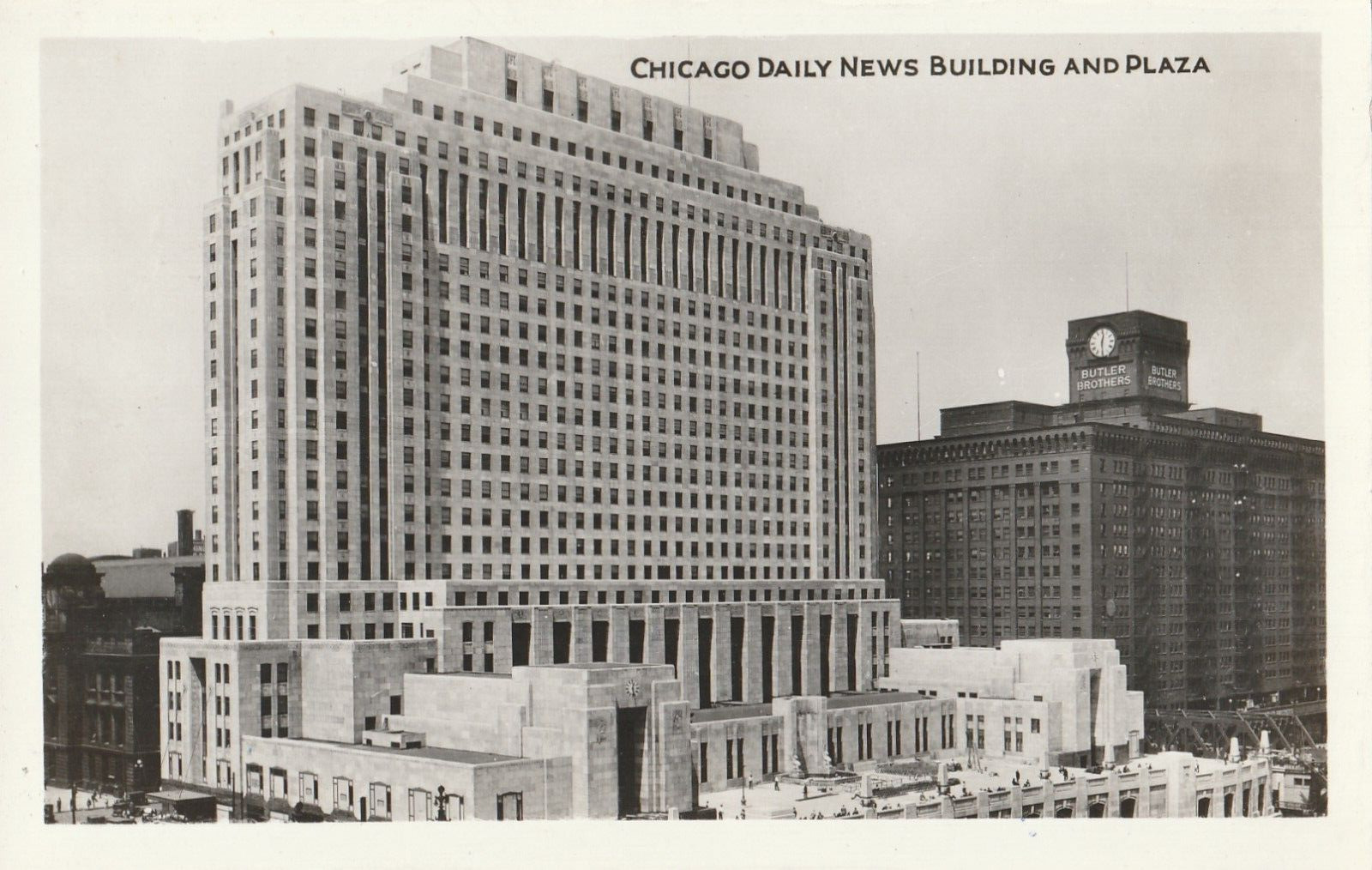 Vintage Postcard Chicago Daily News Building and Plaza Chicago, Illinois B&W