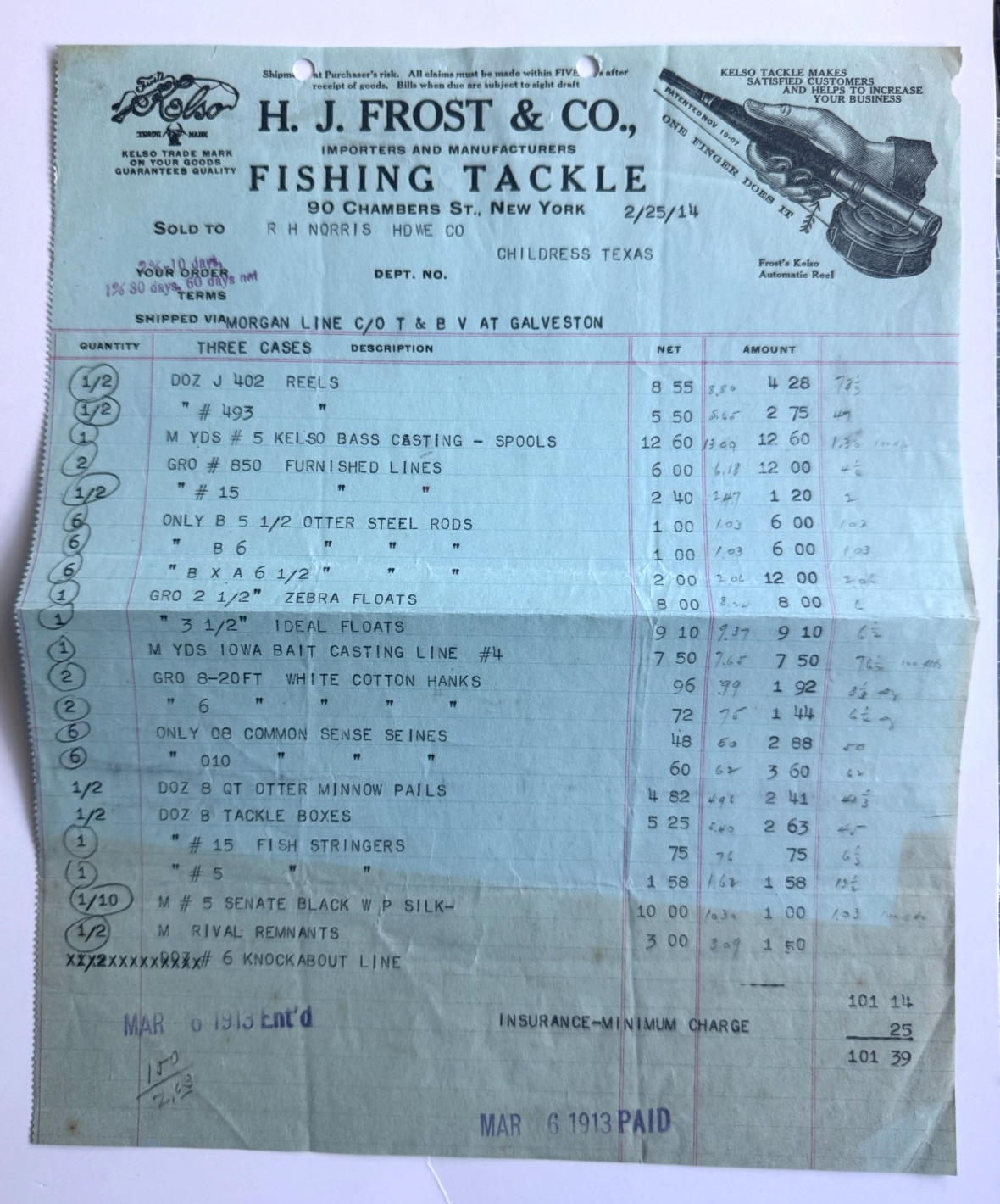 Vtg 1914 Billhead New York HJ Frost & Co Fishing Tackle 90 Chambers St vignette