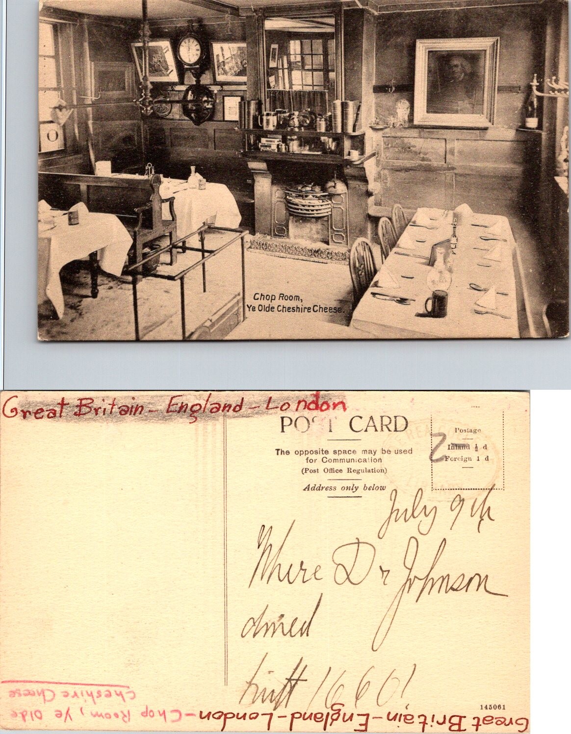 Postcard of a Historic Chop Room in Ye Olde Cheshire Cheese, London Postcard of a Historic Chop Room in Ye Olde Cheshire Cheese, London