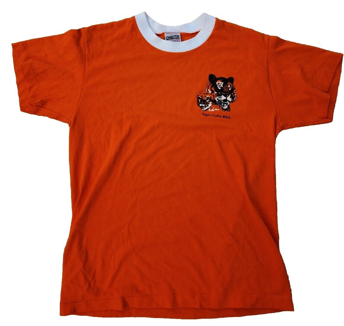 Vintage Tiger Cubs BSA Boy Scouts Oneita Power T Shirt Orange Large 14-16 Kids 