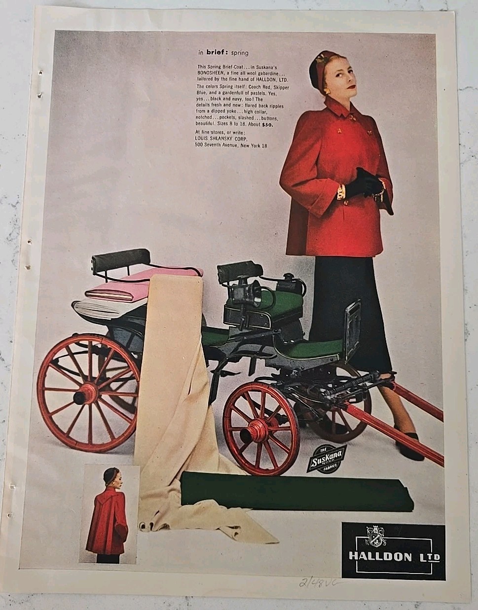1948 Women's Red Suskana Spring Brief Coat Halldon LTD Vintage Fashion Ad 1948 Women's Red Suskana Spring Brief Coat Halldon LTD Vintage Fashion Ad