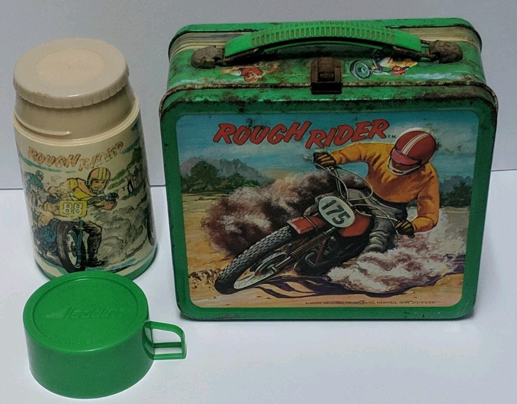 Vintage 1973 Rough Rider Metal Lunch Box w/Thermos Complete Motorcycle Dirt Bike Vintage 1973 Rough Rider Metal Lunch Box w/Thermos Complete Motorcycle Dirt Bike