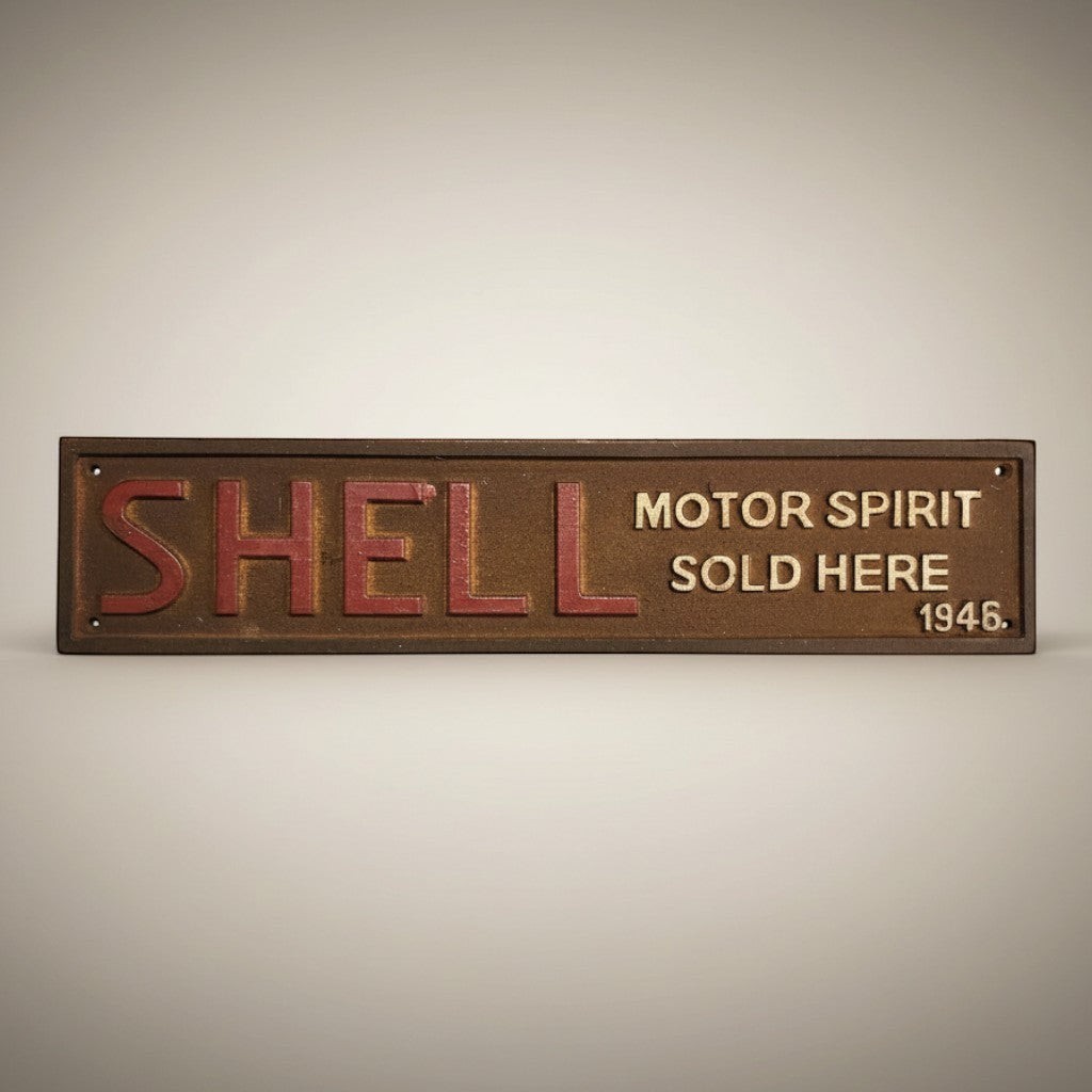 Shell Motor Spirit Sold Here 1946 Cast Iron Embossed Plaque