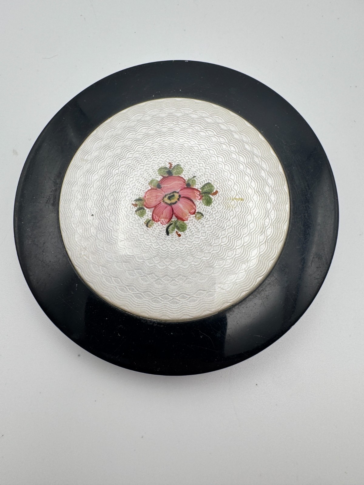 Vintage Guilloche Compact Enamel Pink Rose Black Convertible Stratton England Vintage Guilloche Compact Enamel Pink Rose Black Convertible Stratton England