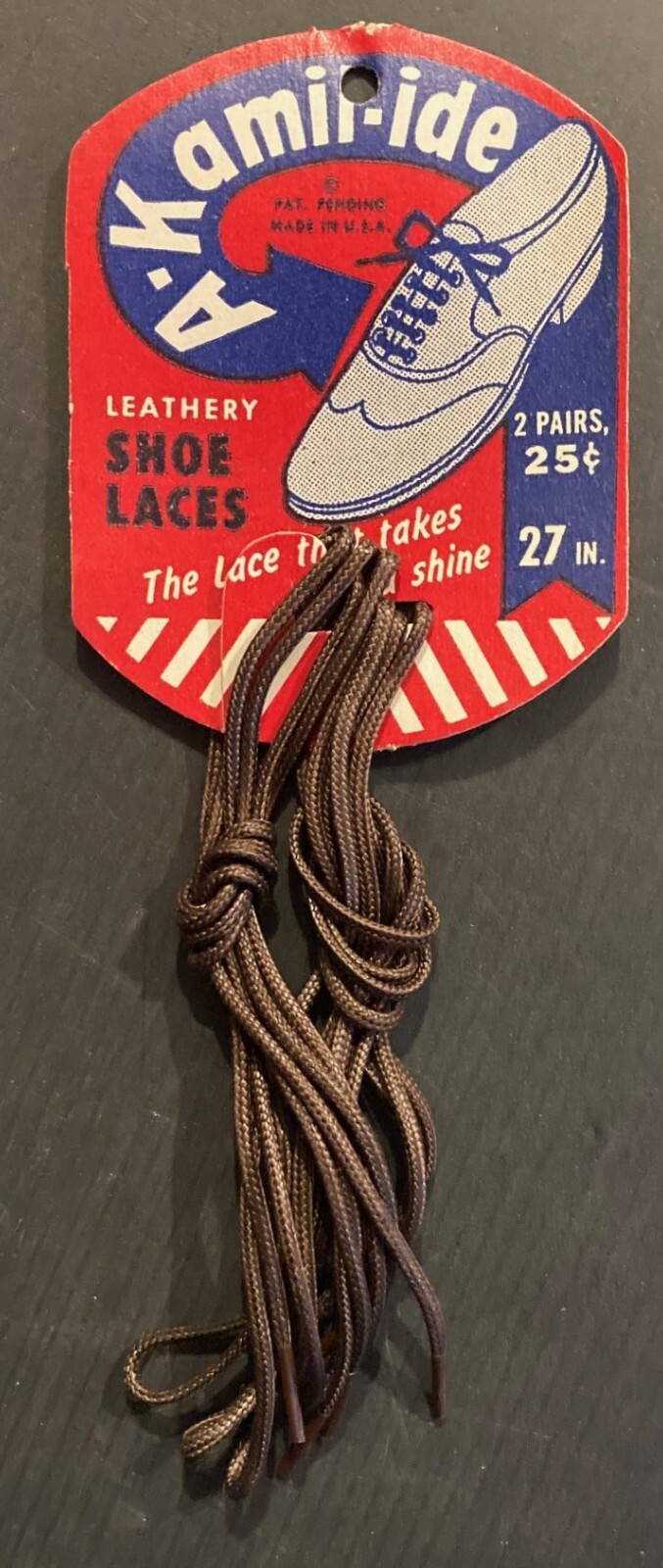 Vintage A-Kamil-ide Tip Leathery Shoe Laces on Original Header Card c-1940s Vintage A-Kamil-ide Tip Leathery Shoe Laces on Original Header Card c-1940s