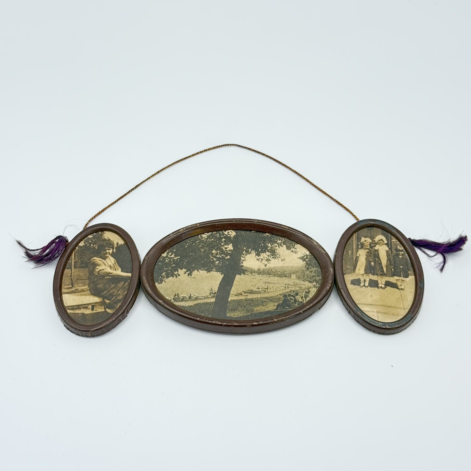 Antique Triptych 3-Tier Hanging Photo Frame with Tassels & Vintage Photos Antique Triptych 3-Tier Hanging Photo Frame with Tassels & Vintage Photos