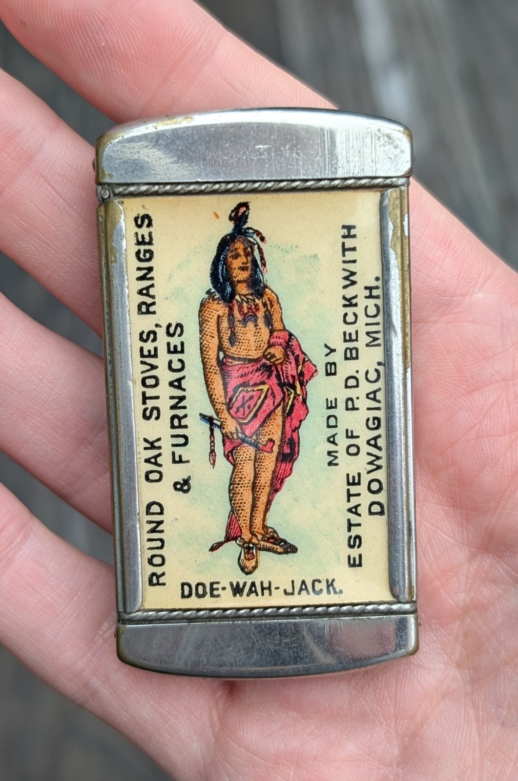Rare Antique Doe-Wah-Jack Match Safe. Round Oak Advertisement. Estate. Celluloid Rare Antique Doe-Wah-Jack Match Safe. Round Oak Advertisement. Estate. Celluloid