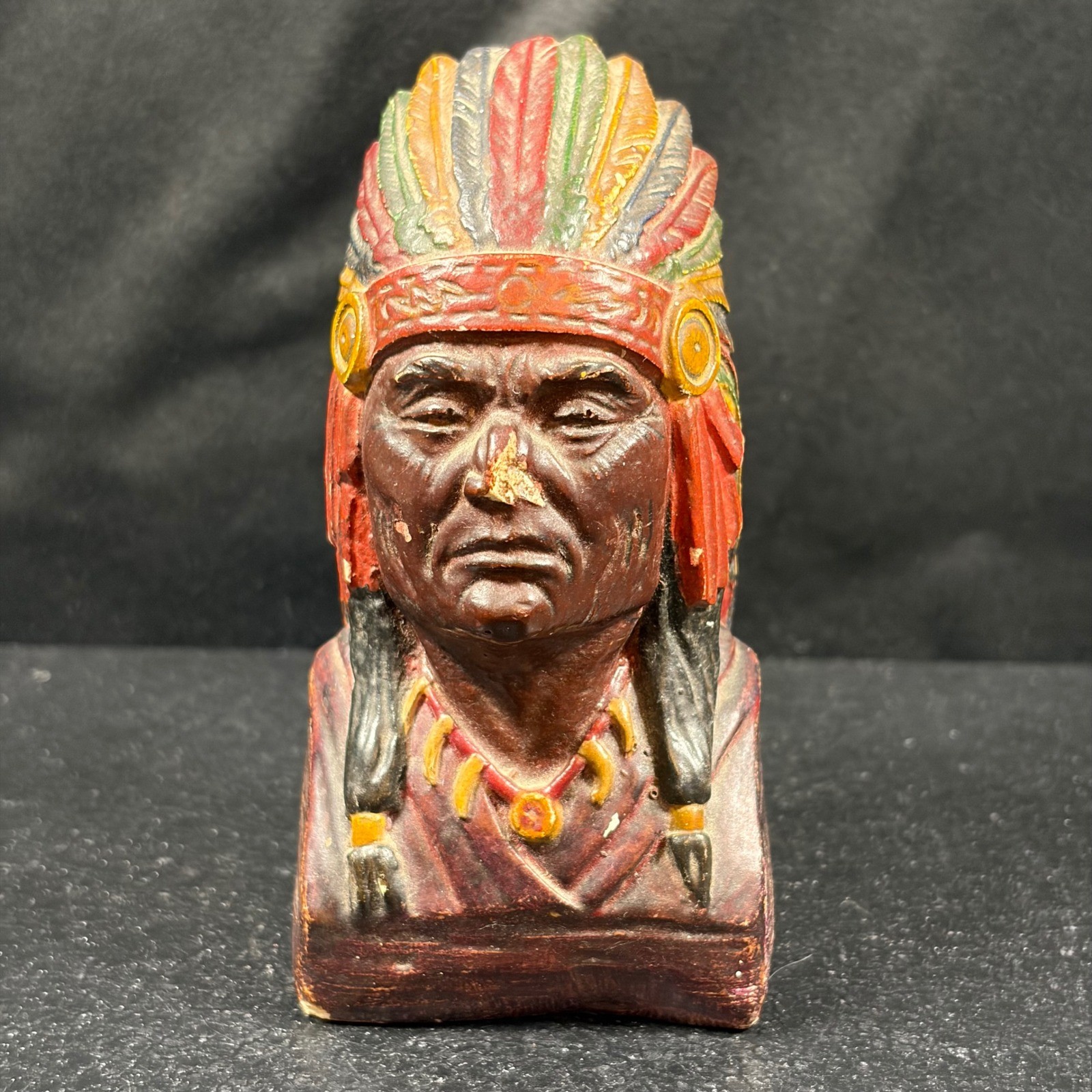 Vintage Native American Chief Bust Chalkware Figurine Hand Painted 4.25 Inch