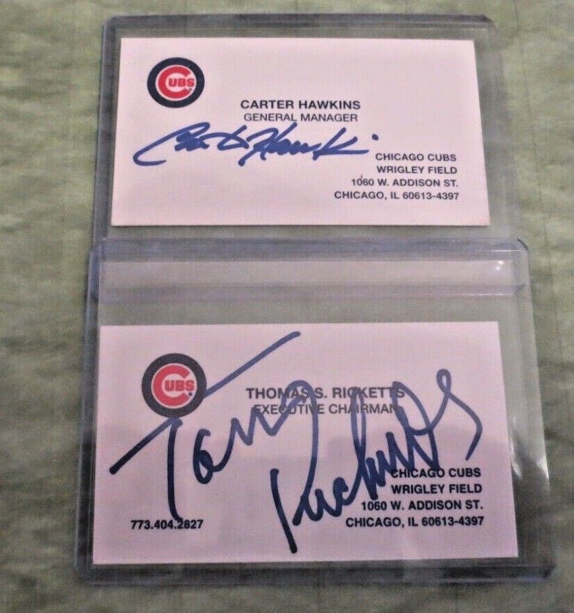 Chicago Cubs Tom Ricketts & Carter Hawkins signed autographed business cards