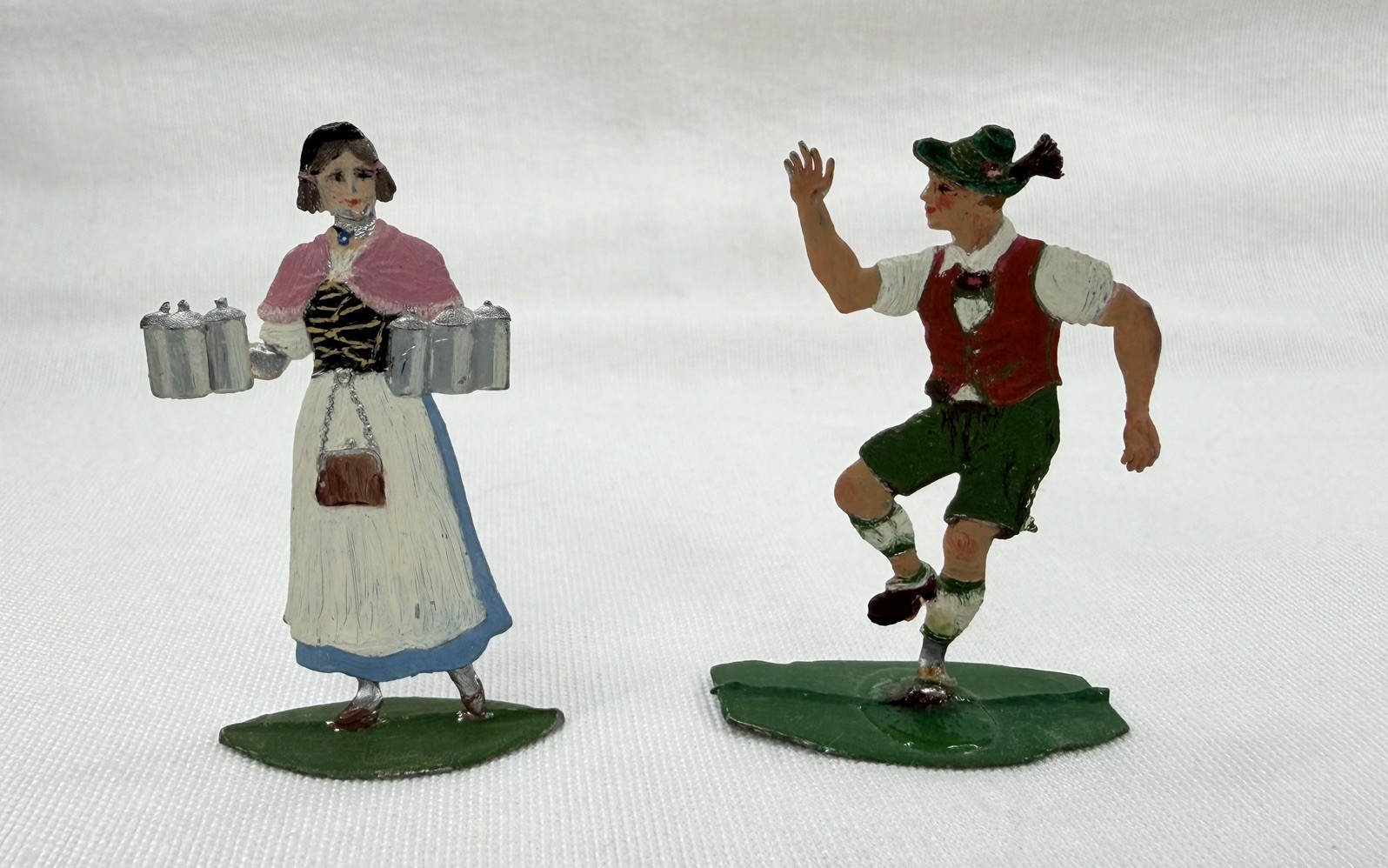 Vintage German Bavarian Folk Dancers Metal Figurines Lederhosen Beer Steins Pair