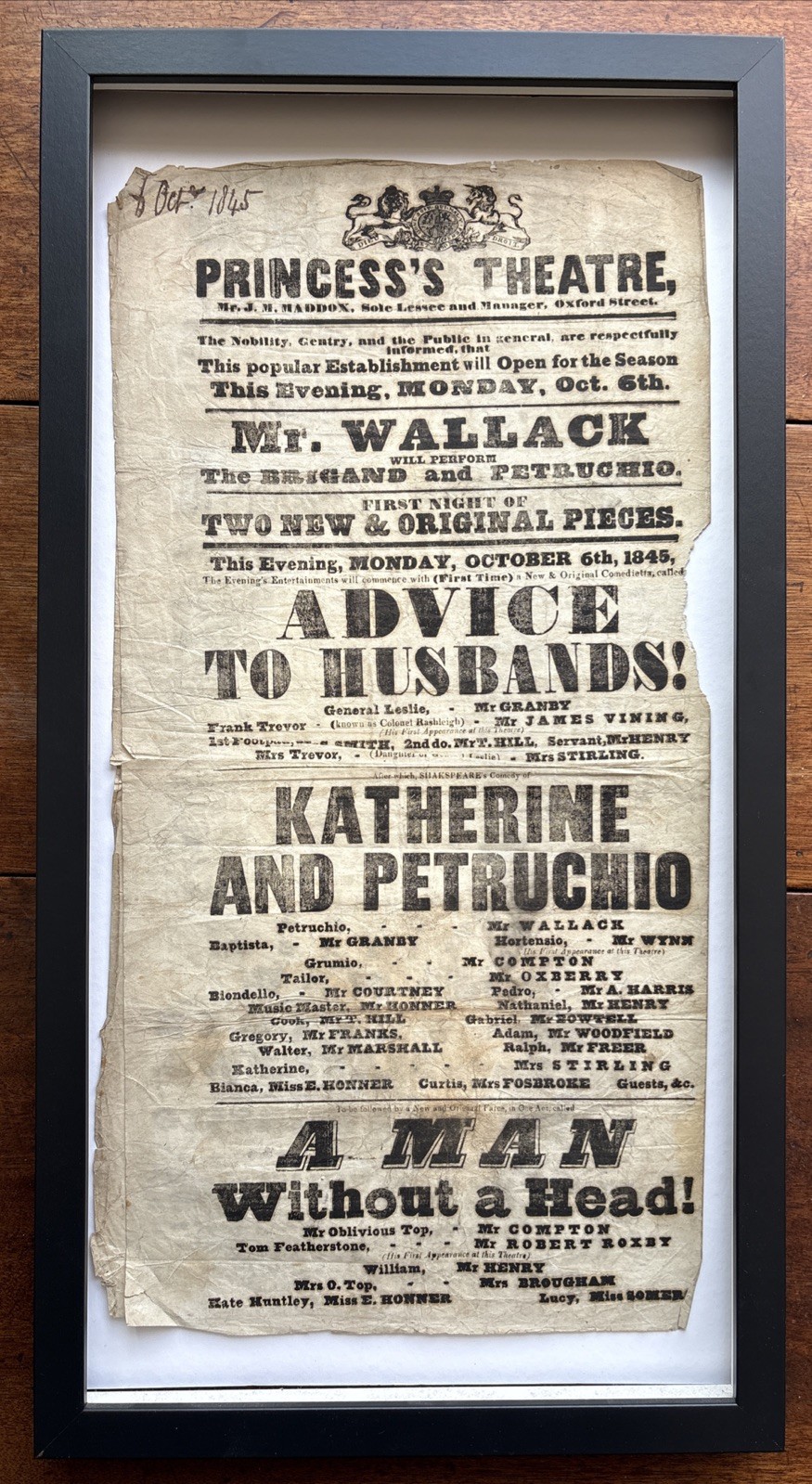 Antique Princess’s Theatre Playbill Shakespeare Katherine Petruchio Wallack 1845 Antique Princess’s Theatre Playbill Shakespeare Katherine Petruchio Wallack 1845