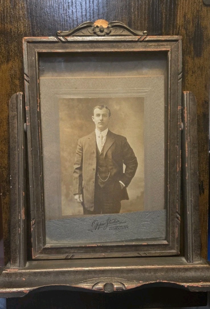 Antique Wooden Swing Desk Frame with 1910s Astoria NY Portrait Photo Edwardian Antique Wooden Swing Desk Frame with 1910s Astoria NY Portrait Photo Edwardian