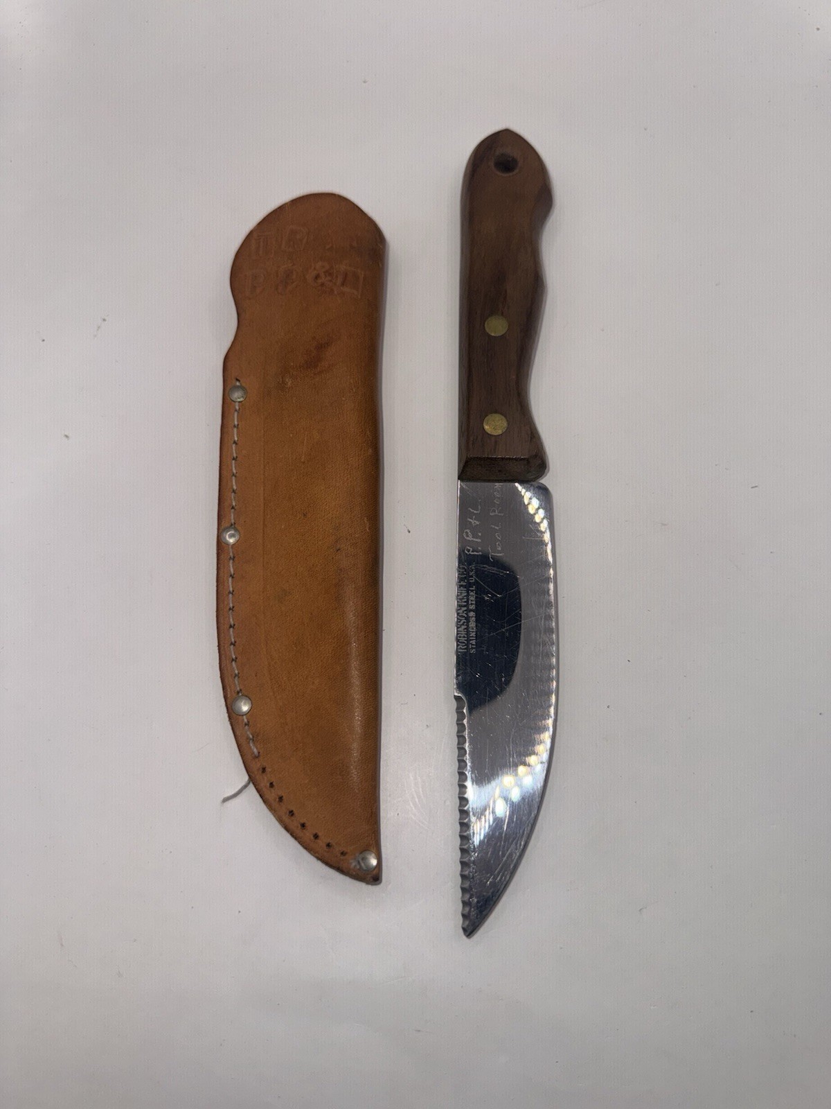 Vintage Robinson Knife Co USA Fixed Blade Knife PP&L Tool Room Leather Sheath Vintage Robinson Knife Co USA Fixed Blade Knife PP&L Tool Room Leather Sheath