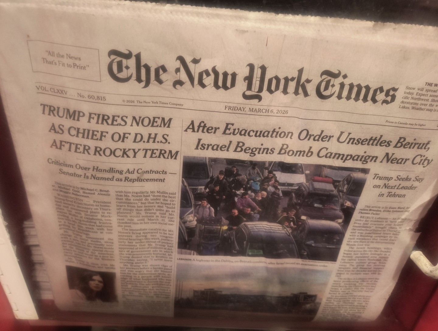 The New York Times Friday March 6 2026 TRUMP FIRES NOEM AS CHIEF OF D.H.S. AFTER