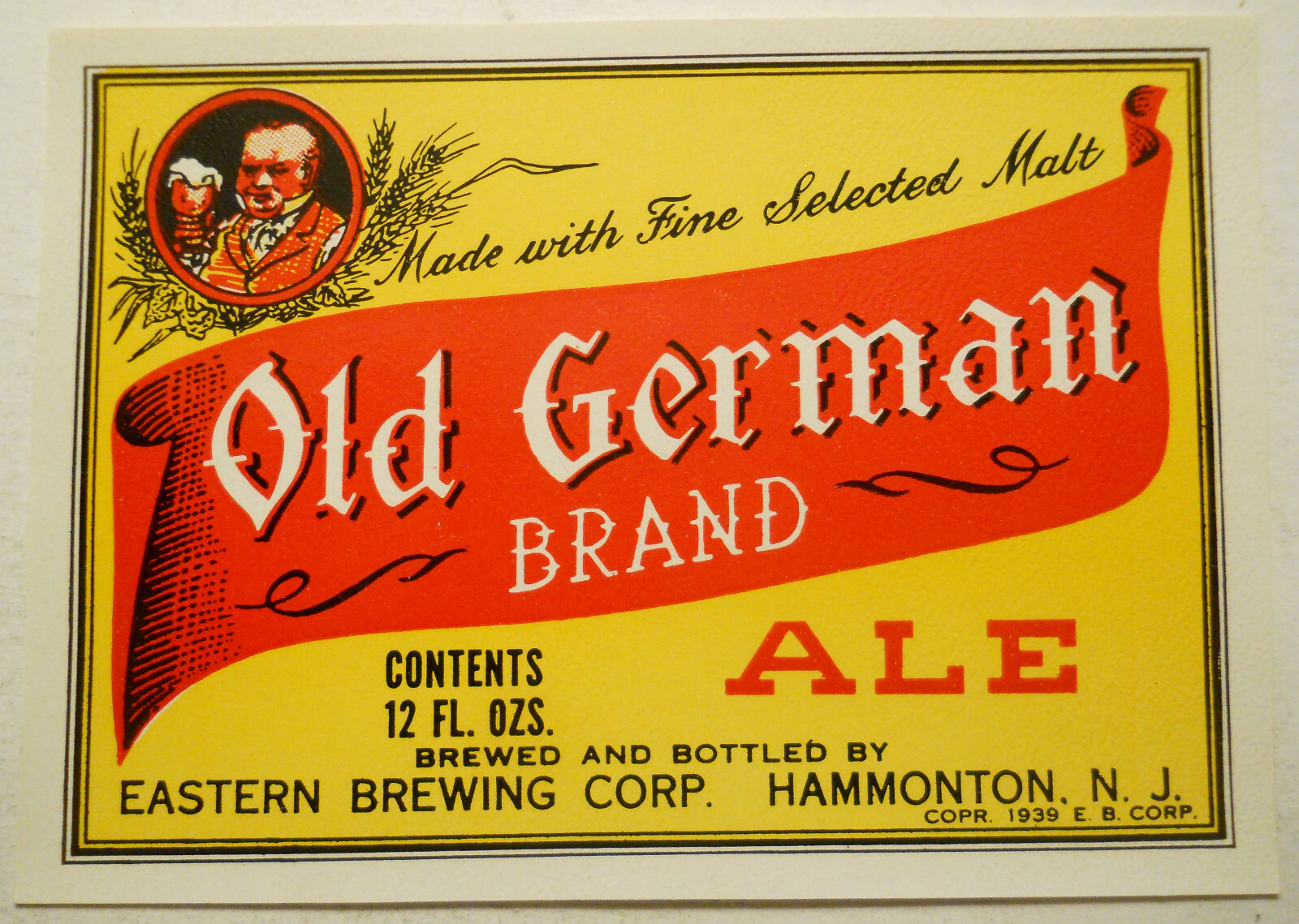 ca. 1950's Old German Brand Ale (Hammonton, New Jersey) Bottle Label
