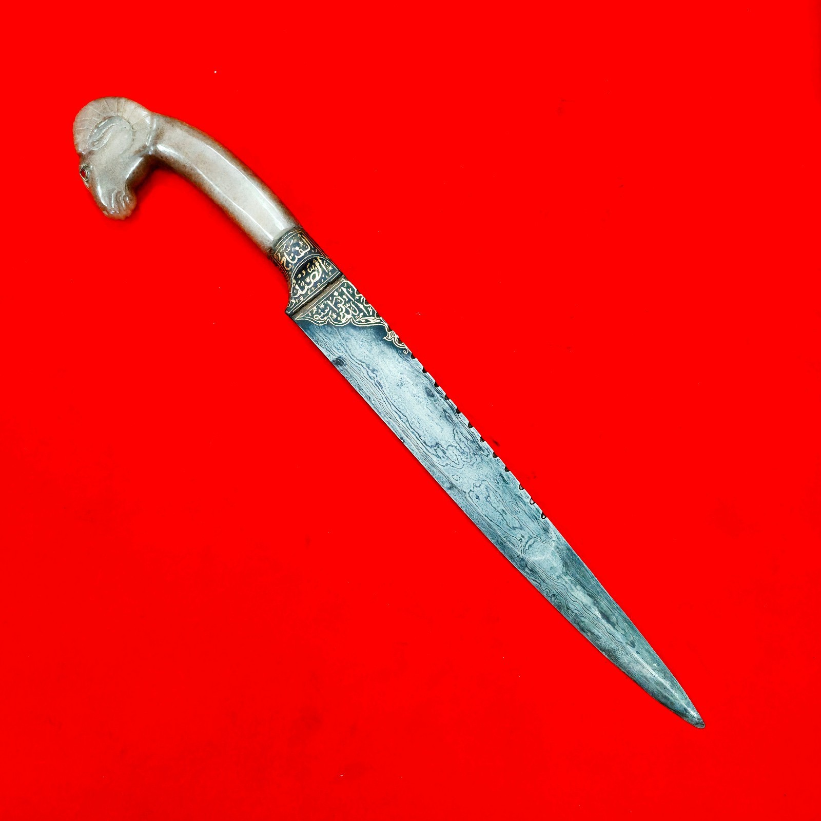 Vintage Indo-Persian Mughal Islamic Jade Gold Koftgari Damascus Ram Kard Knife Vintage Indo-Persian Mughal Islamic Jade Gold Koftgari Damascus Ram Kard Knife