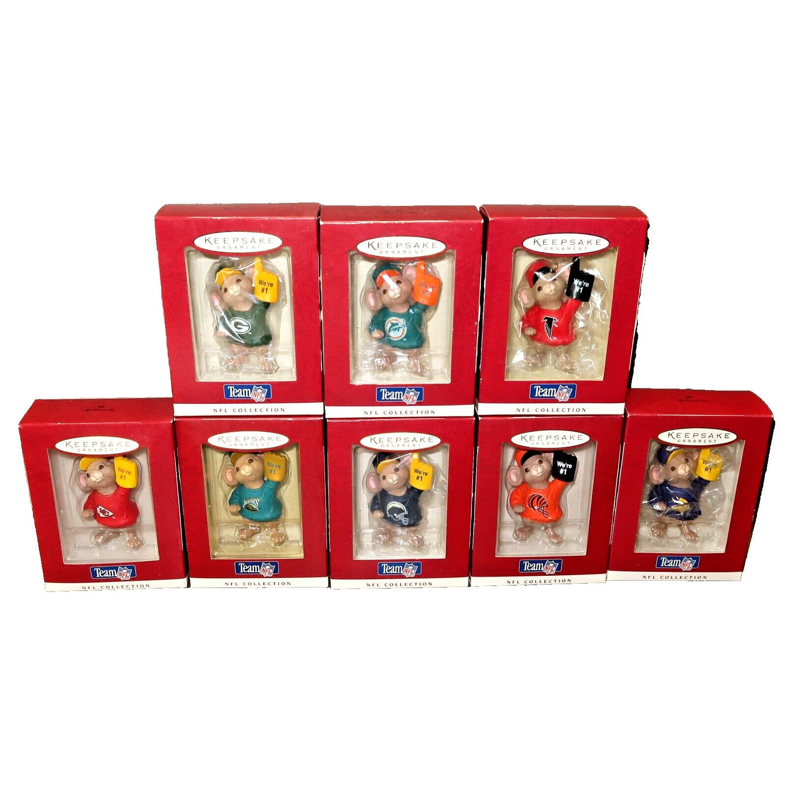 Lot of 8 NFL Team Hallmark Keepsake Ornaments Bengals Packers Chiefs Falcons etc