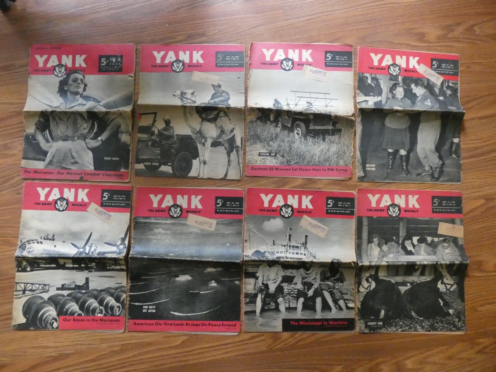 Lot of 8 Vintage WWII 1942-1945 Yank Newspaper Magazines Paper Ephemera Wartime