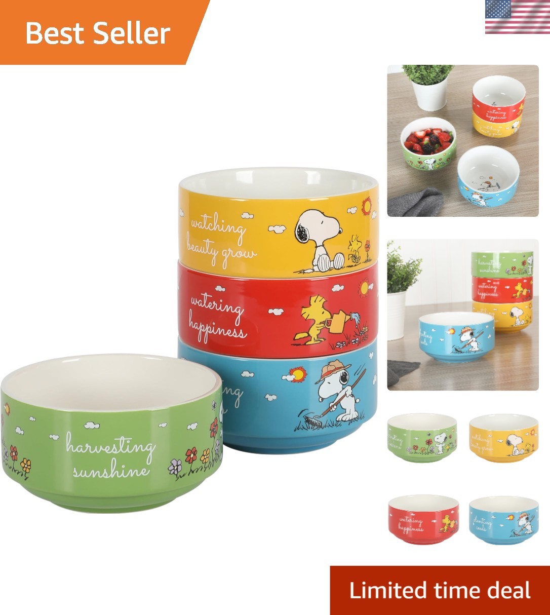 Snoopy Decorated Bowls Stackable 4 Pack Stoneware Cereal Snack Dessert