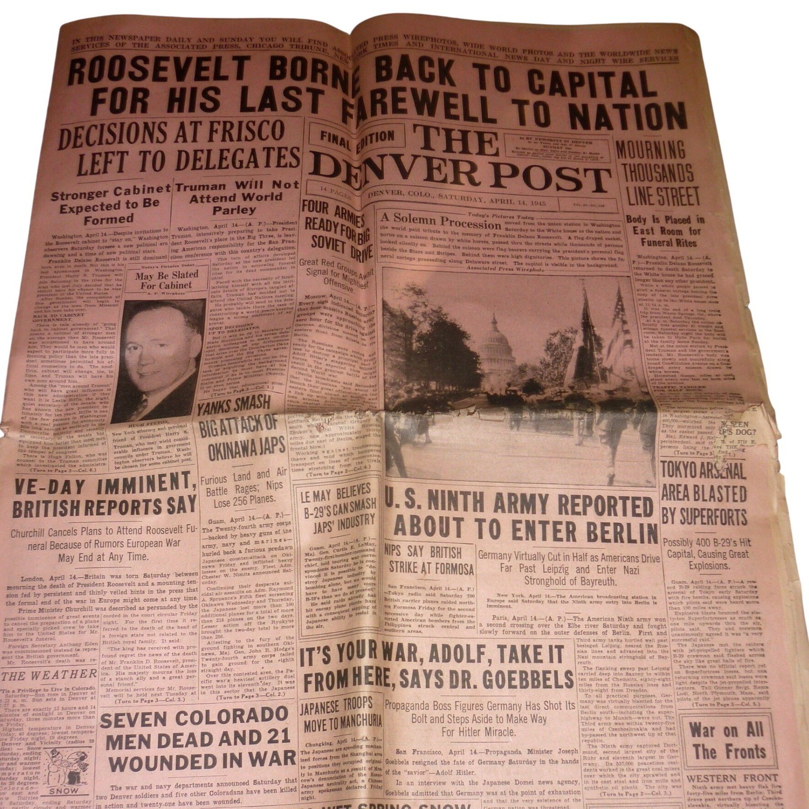 Vintage Denver Post April 14 1945 Newspaper FDR Death WWII Berlin Okinawa News